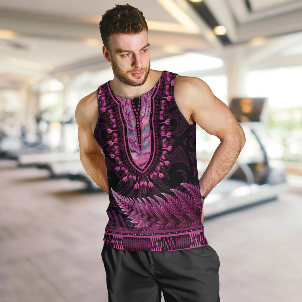 Pink African Dashiki With Aotearoa Maori Men Tank Top Paua Shell Mix Silver Fern - Vibe Hoodie Shop