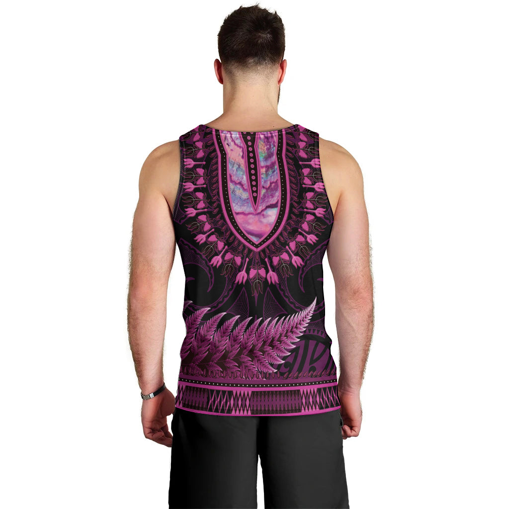 Pink African Dashiki With Aotearoa Maori Men Tank Top Paua Shell Mix Silver Fern - Vibe Hoodie Shop