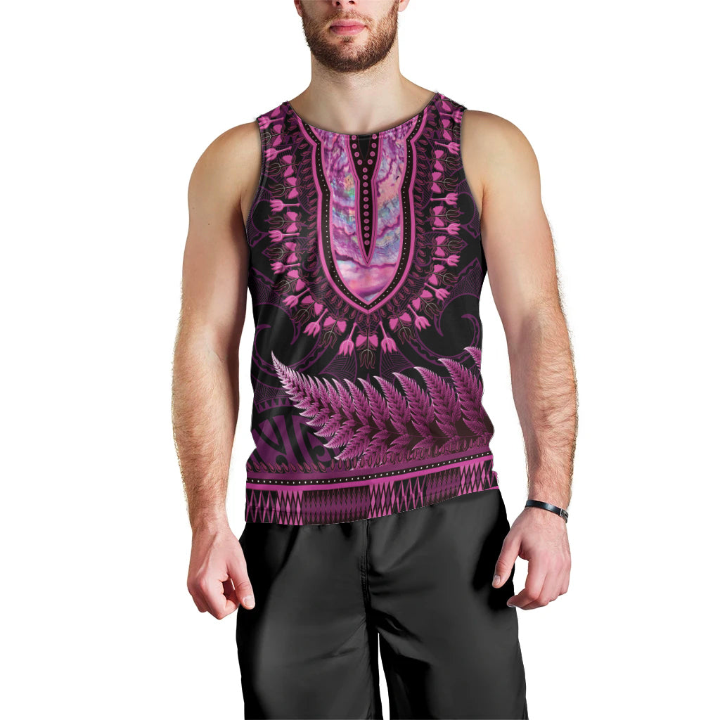 Pink African Dashiki With Aotearoa Maori Men Tank Top Paua Shell Mix Silver Fern - Vibe Hoodie Shop