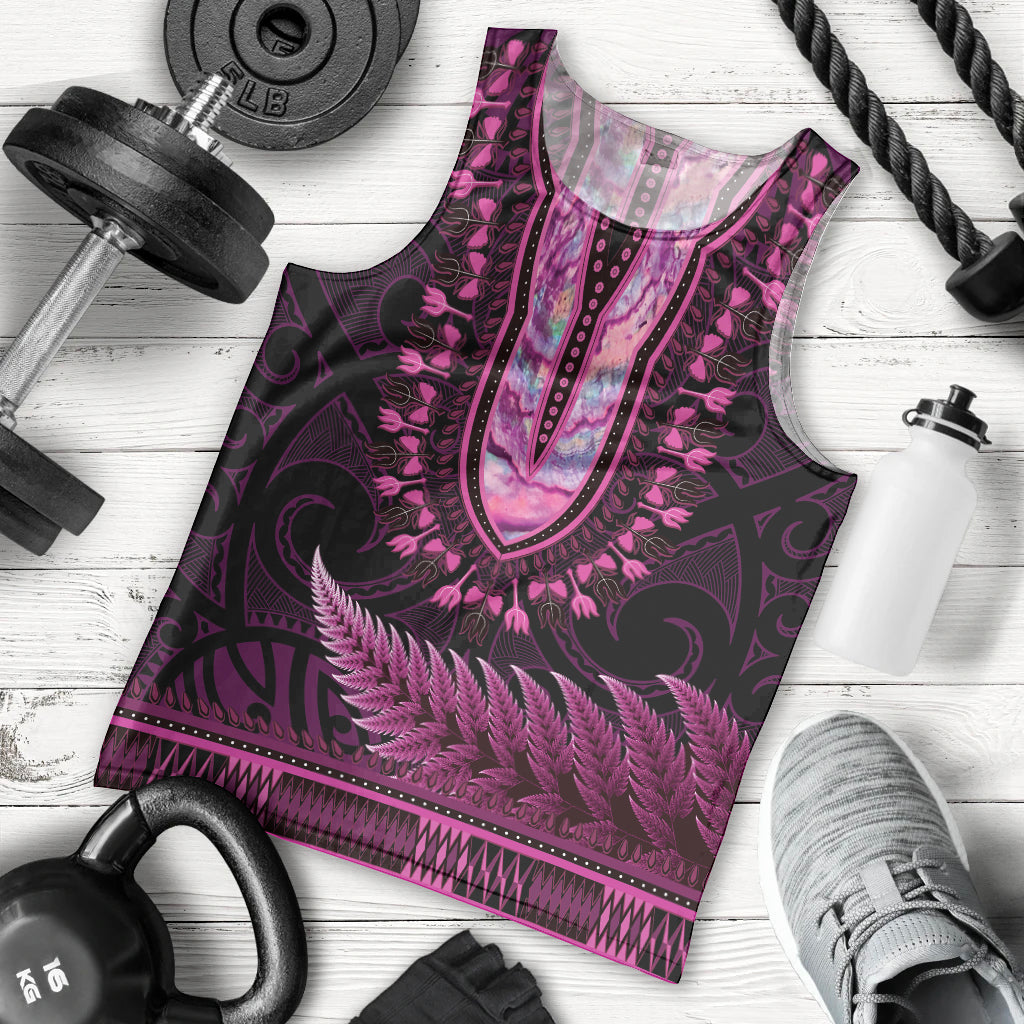 Pink African Dashiki With Aotearoa Maori Men Tank Top Paua Shell Mix Silver Fern - Vibe Hoodie Shop