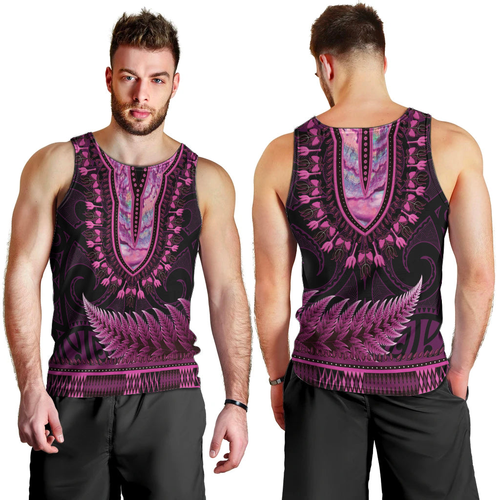 Pink African Dashiki With Aotearoa Maori Men Tank Top Paua Shell Mix Silver Fern - Vibe Hoodie Shop