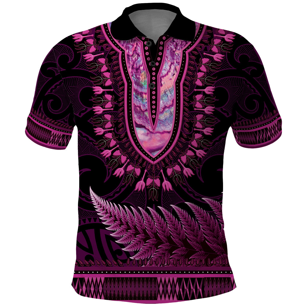 Pink African Dashiki With Aotearoa Maori Polo Shirt Paua Shell Mix Silver Fern - Vibe Hoodie Shop