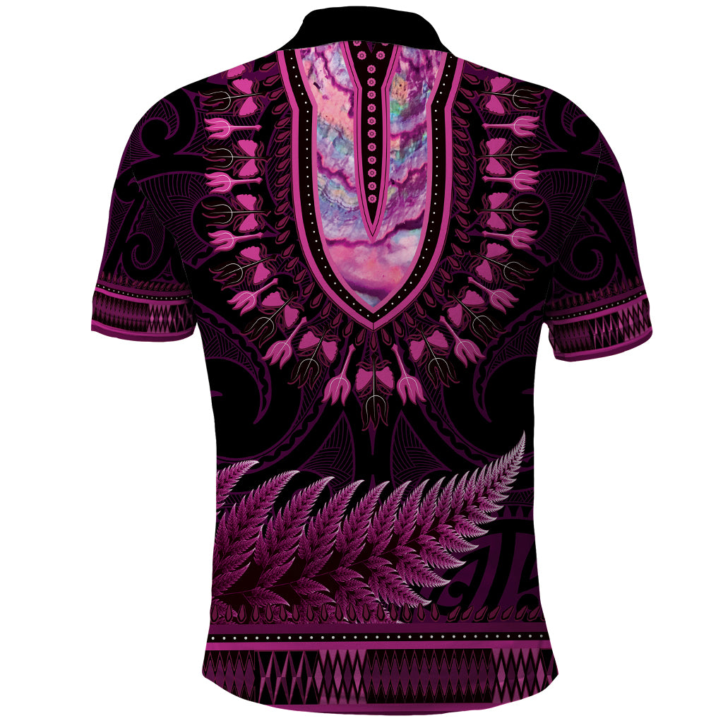 Pink African Dashiki With Aotearoa Maori Polo Shirt Paua Shell Mix Silver Fern - Vibe Hoodie Shop