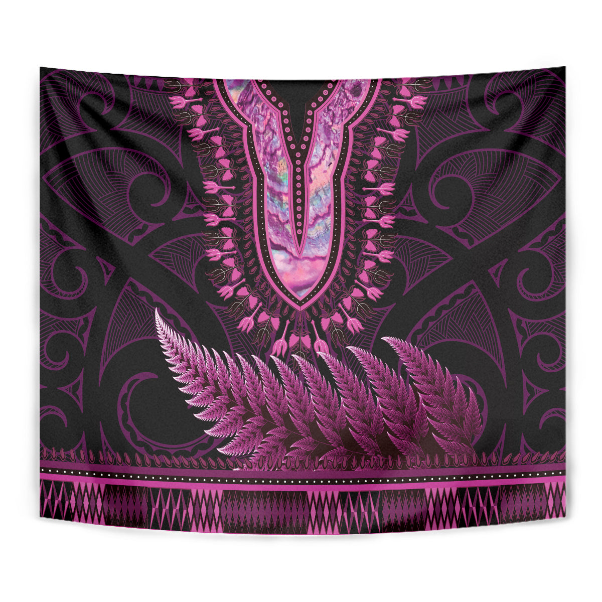 Pink African Dashiki With Aotearoa Maori Tapestry Paua Shell Mix Silver Fern - Vibe Hoodie Shop