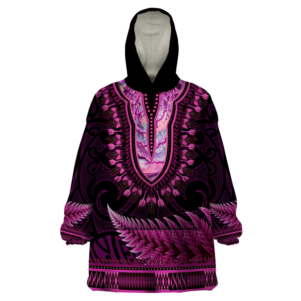 Pink African Dashiki With Aotearoa Maori Wearable Blanket Hoodie Paua Shell Mix Silver Fern - Vibe Hoodie Shop