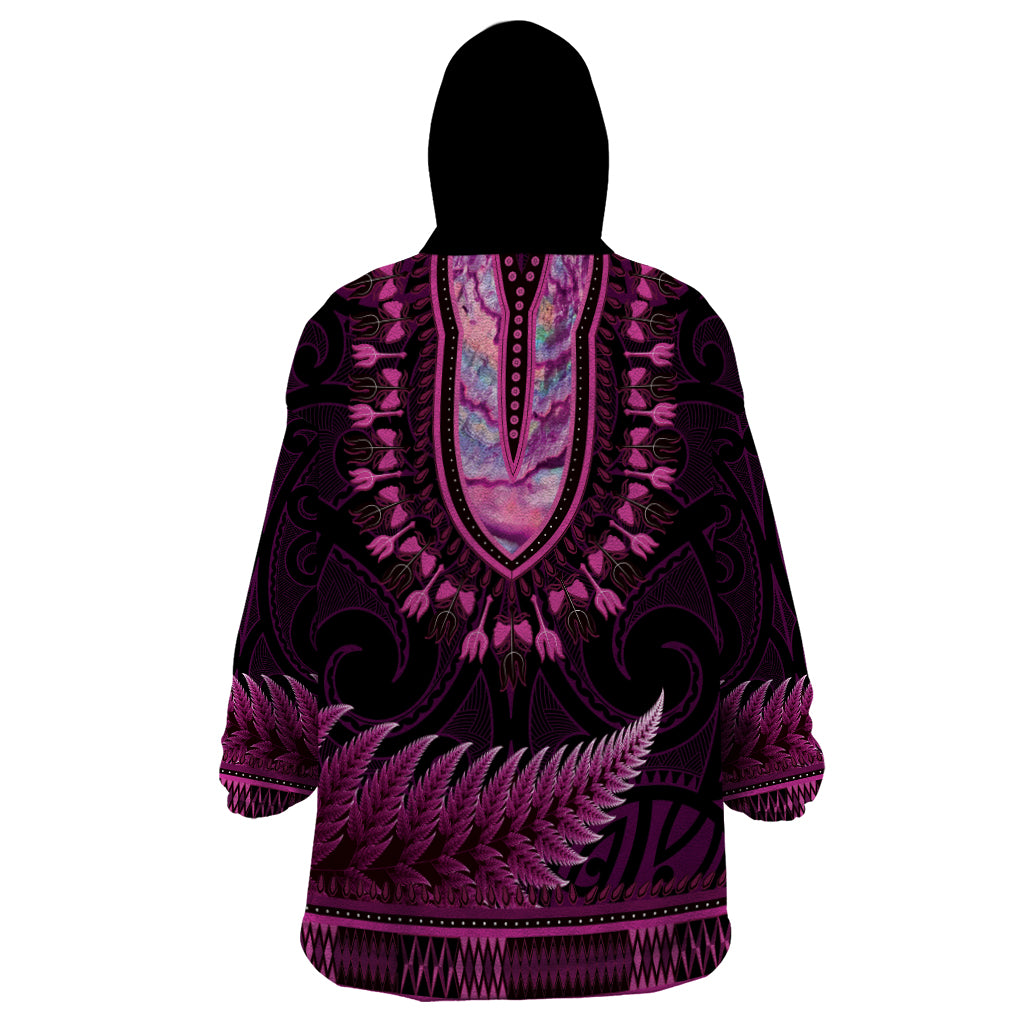 Pink African Dashiki With Aotearoa Maori Wearable Blanket Hoodie Paua Shell Mix Silver Fern - Vibe Hoodie Shop