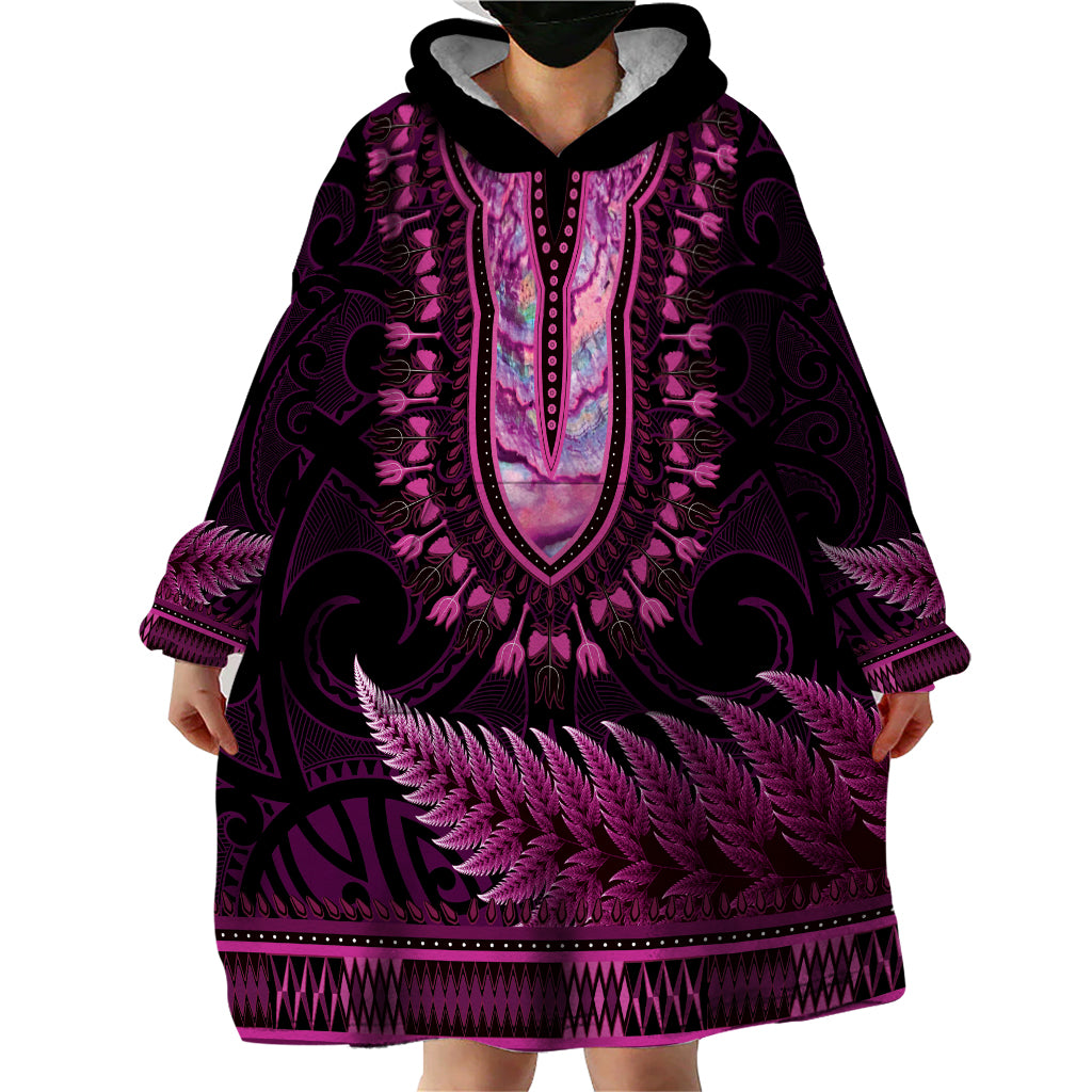 Pink African Dashiki With Aotearoa Maori Wearable Blanket Hoodie Paua Shell Mix Silver Fern - Vibe Hoodie Shop