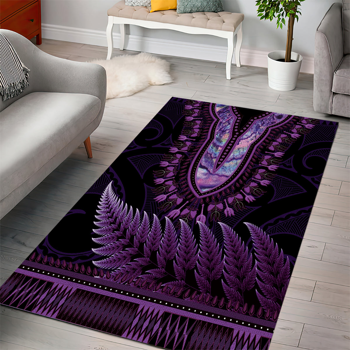 Purple African Dashiki With Aotearoa Maori Area Rug Paua Shell Mix Silver Fern - Vibe Hoodie Shop