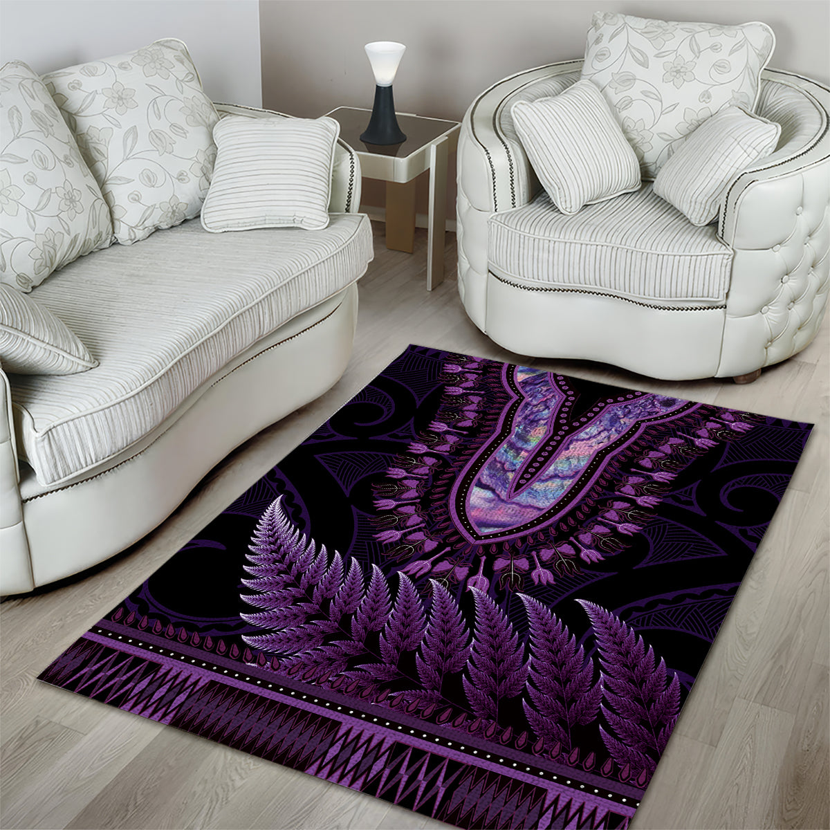 Purple African Dashiki With Aotearoa Maori Area Rug Paua Shell Mix Silver Fern - Vibe Hoodie Shop