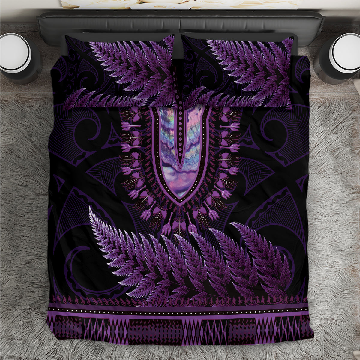 Purple African Dashiki With Aotearoa Maori Bedding Set Paua Shell Mix Silver Fern - Vibe Hoodie Shop