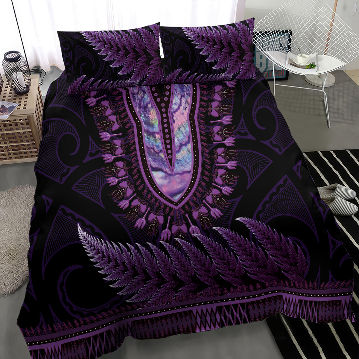 Purple African Dashiki With Aotearoa Maori Bedding Set Paua Shell Mix Silver Fern - Vibe Hoodie Shop