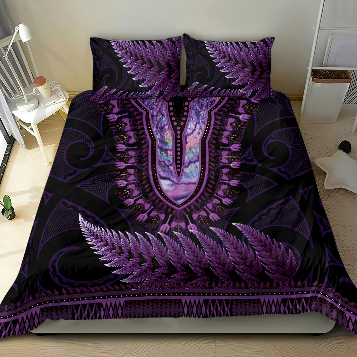 Purple African Dashiki With Aotearoa Maori Bedding Set Paua Shell Mix Silver Fern - Vibe Hoodie Shop