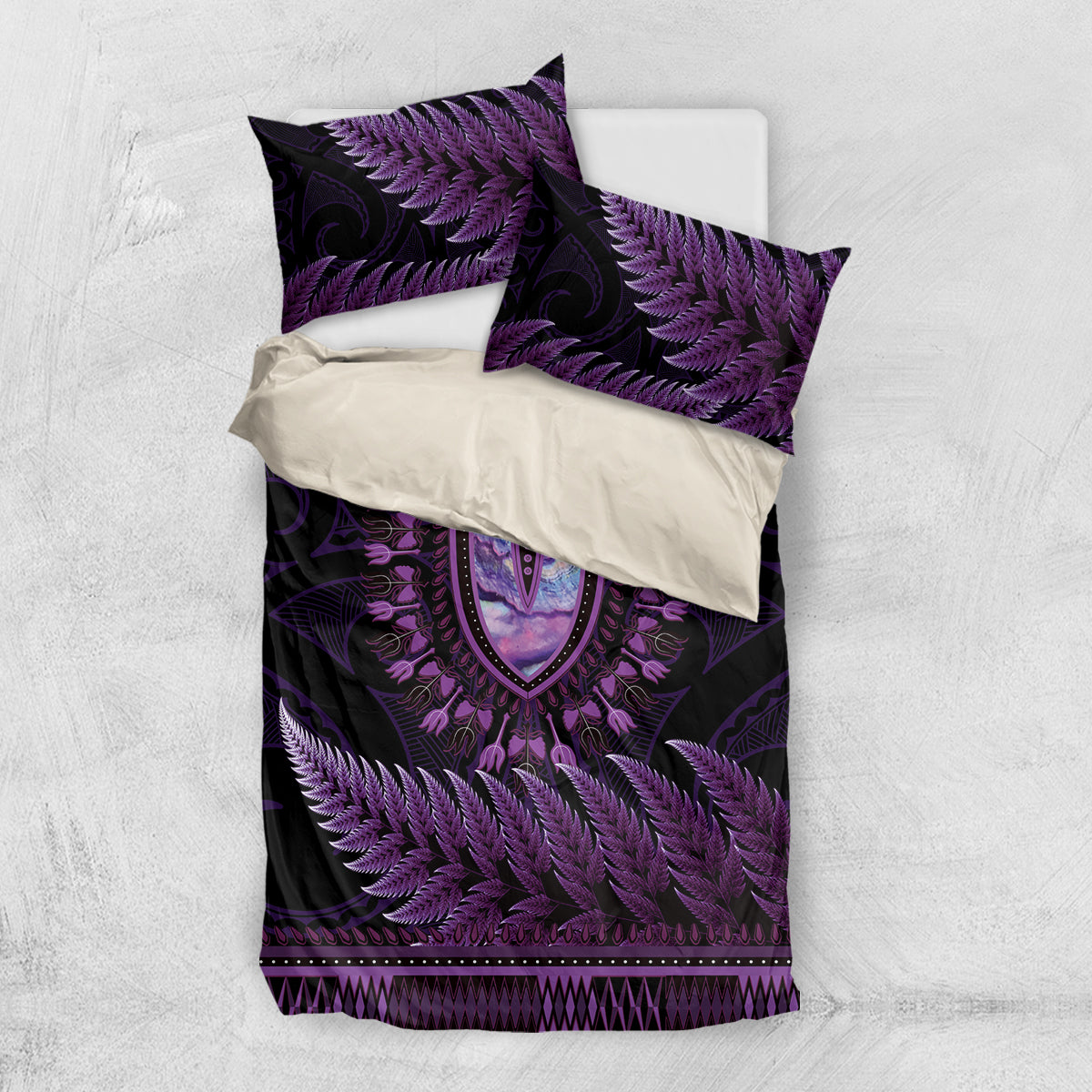 Purple African Dashiki With Aotearoa Maori Bedding Set Paua Shell Mix Silver Fern - Vibe Hoodie Shop