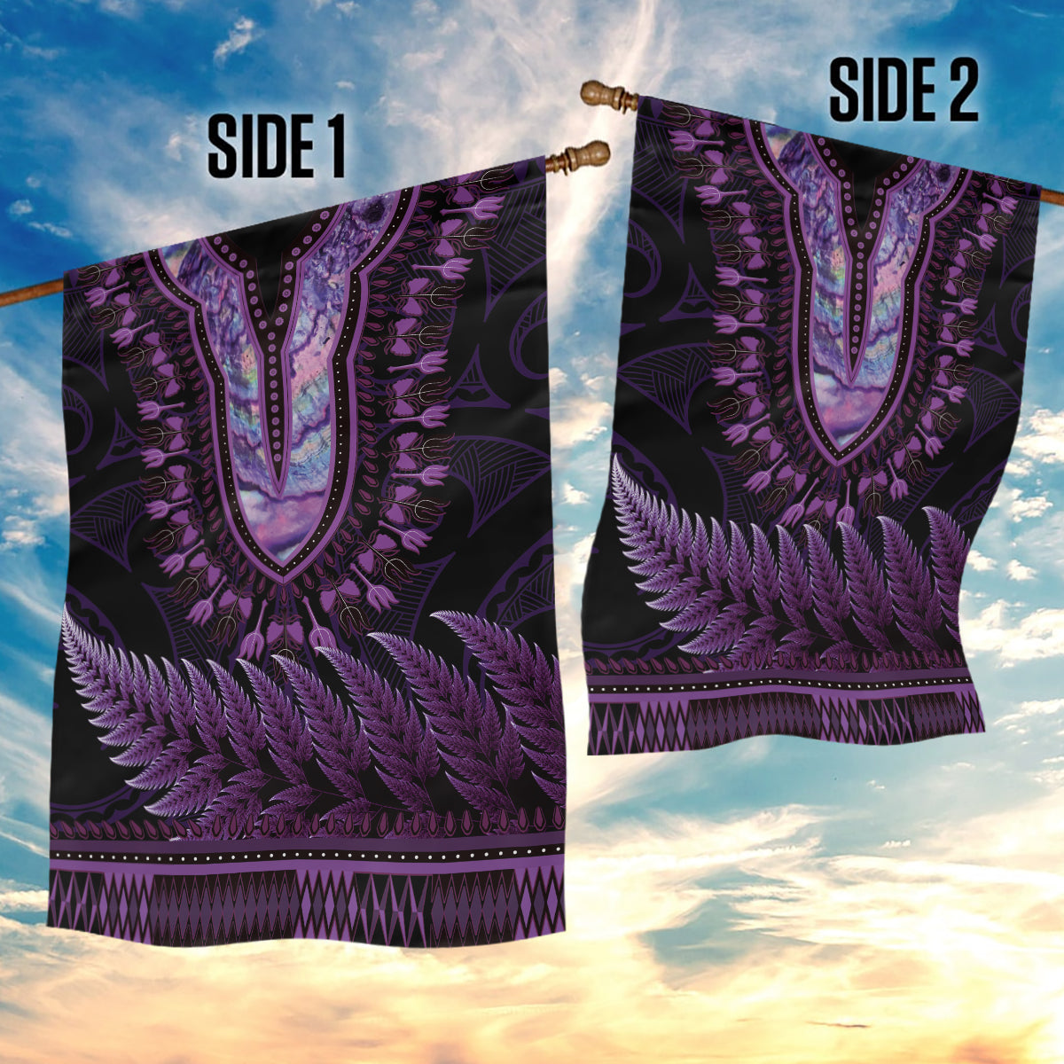 Purple African Dashiki With Aotearoa Maori Garden Flag Paua Shell Mix Silver Fern - Vibe Hoodie Shop