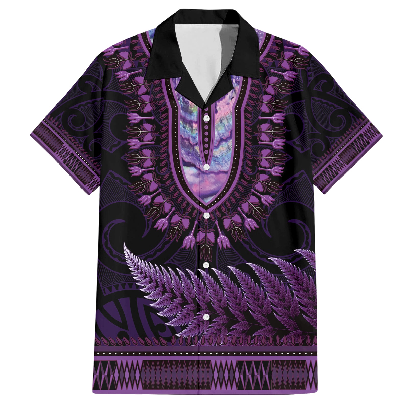 Purple African Dashiki With Aotearoa Maori Hawaiian Shirt Paua Shell Mix Silver Fern - Vibe Hoodie Shop