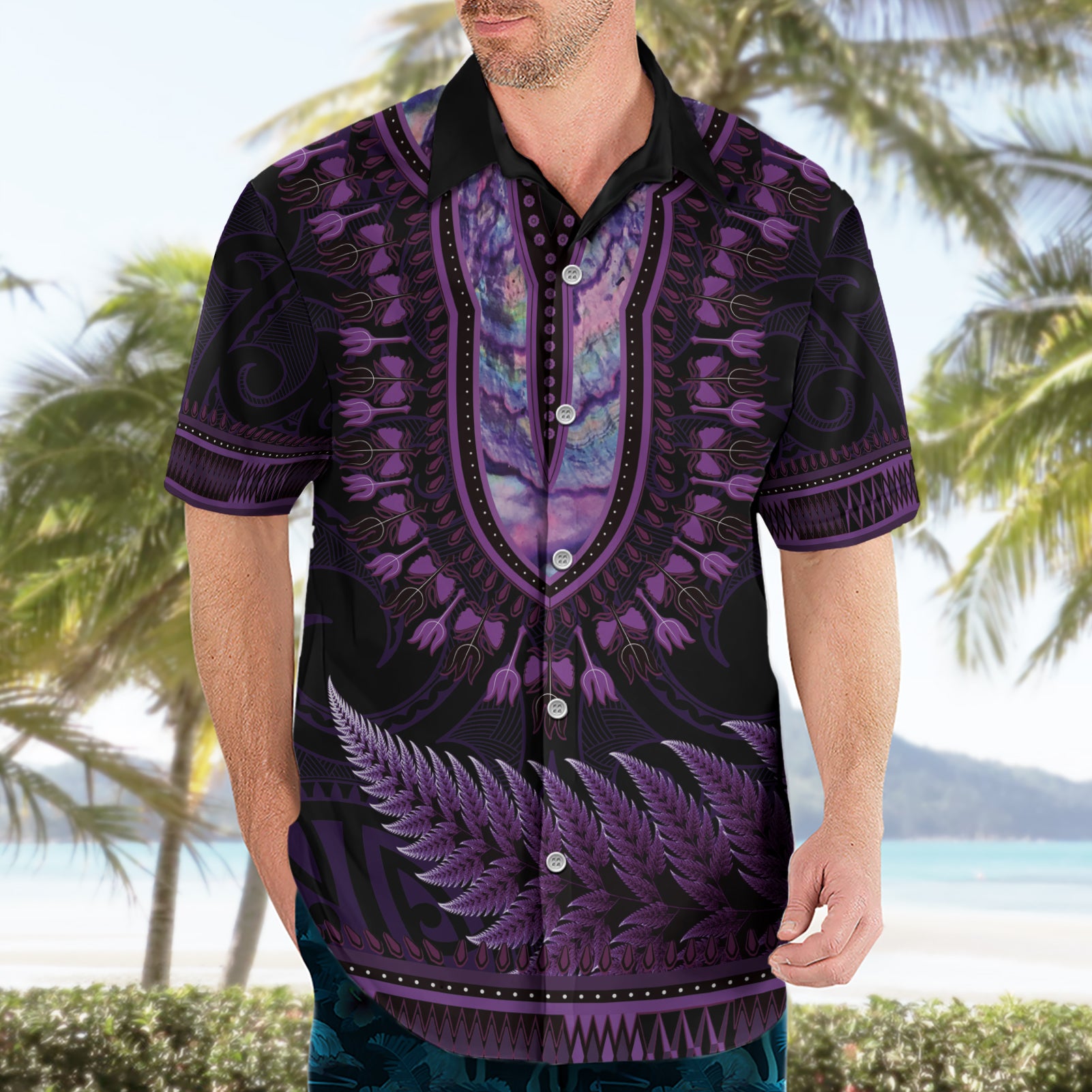 Purple African Dashiki With Aotearoa Maori Hawaiian Shirt Paua Shell Mix Silver Fern - Vibe Hoodie Shop