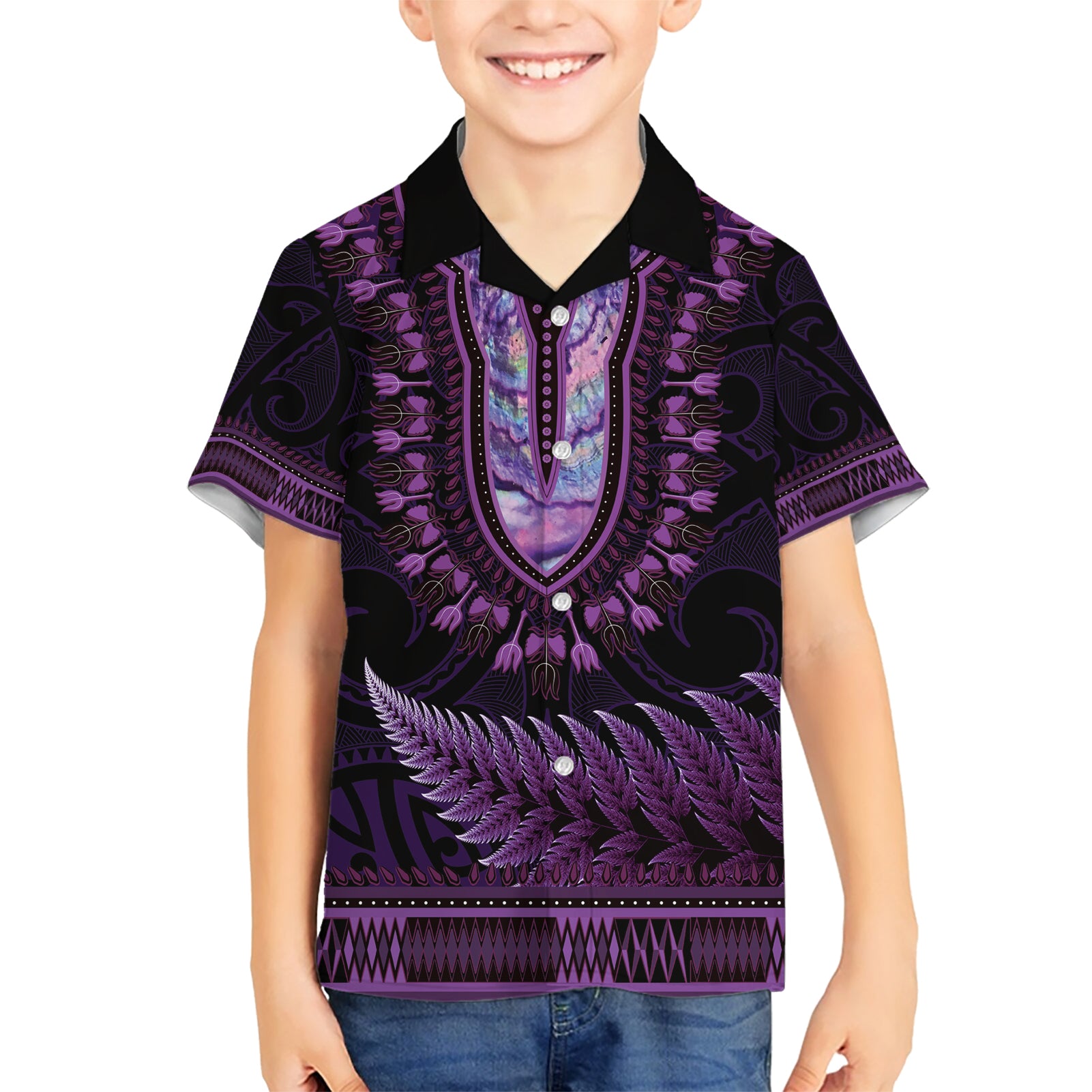 Purple African Dashiki With Aotearoa Maori Hawaiian Shirt Paua Shell Mix Silver Fern - Vibe Hoodie Shop