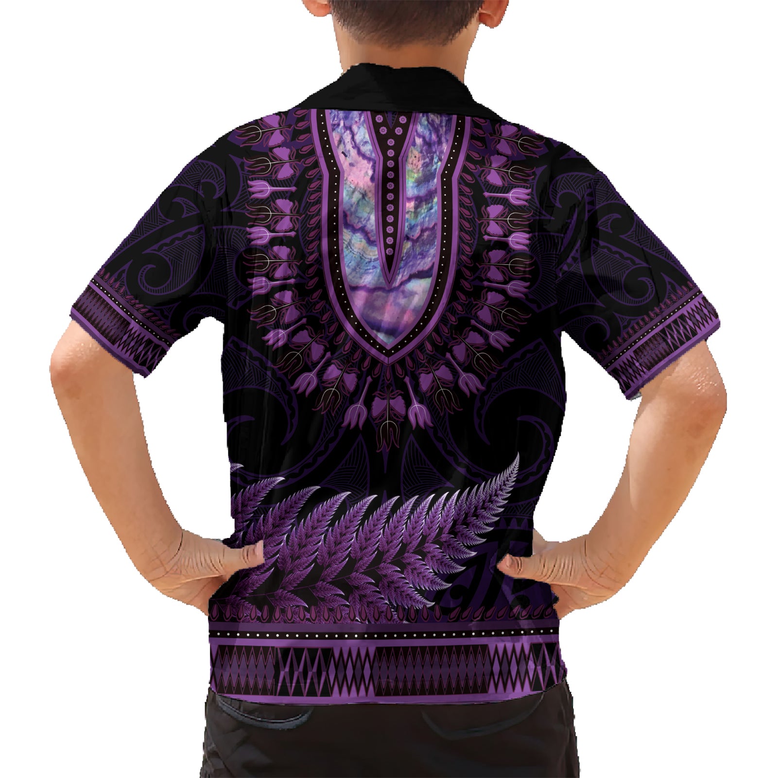 Purple African Dashiki With Aotearoa Maori Hawaiian Shirt Paua Shell Mix Silver Fern - Vibe Hoodie Shop