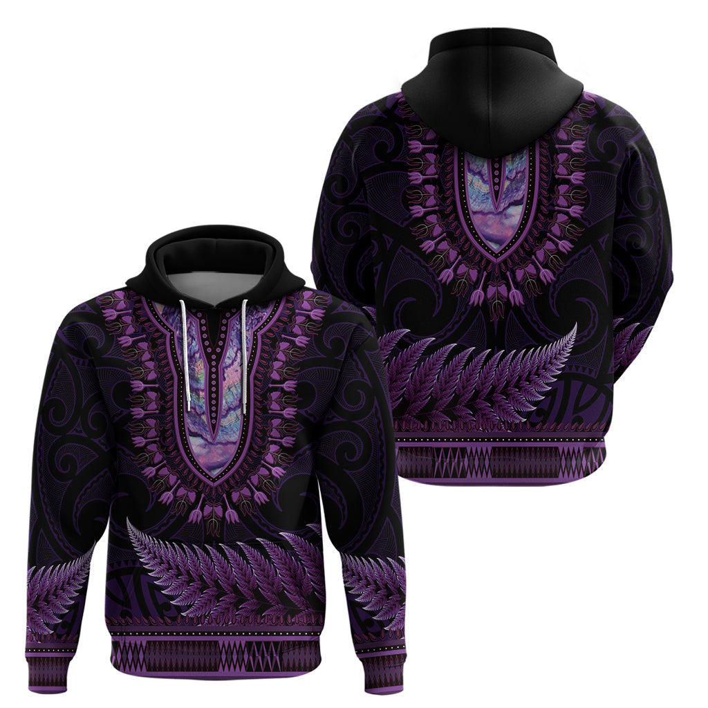 Purple African Dashiki With Aotearoa Maori Hoodie Paua Shell Mix Silver Fern - Vibe Hoodie Shop