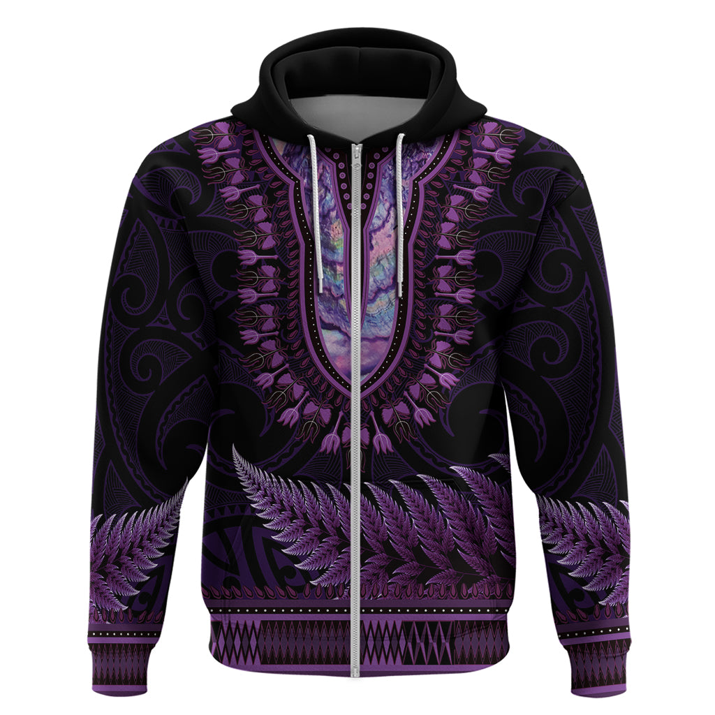 Purple African Dashiki With Aotearoa Maori Hoodie Paua Shell Mix Silver Fern - Vibe Hoodie Shop