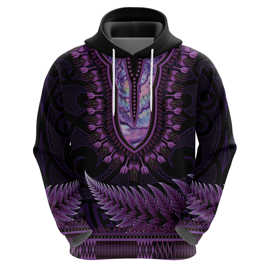 Purple African Dashiki With Aotearoa Maori Hoodie Paua Shell Mix Silver Fern - Vibe Hoodie Shop