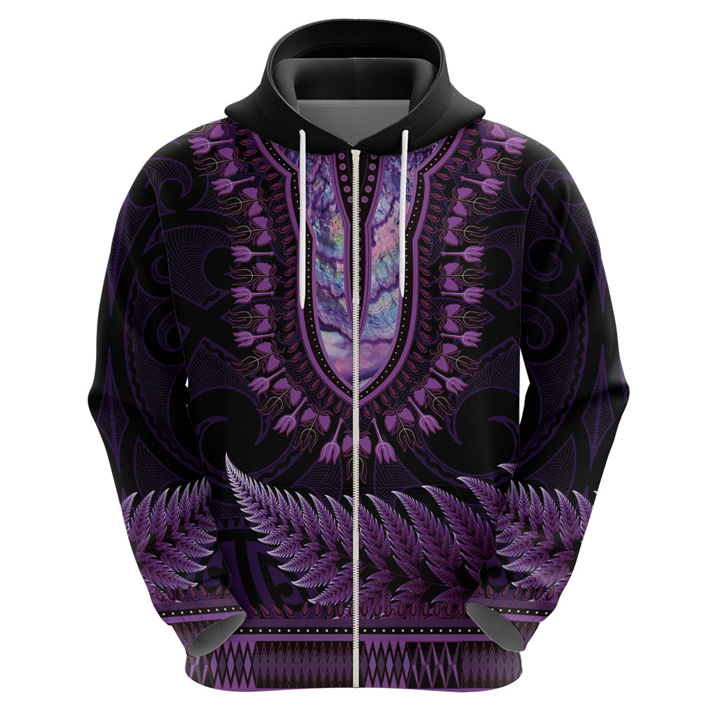 Purple African Dashiki With Aotearoa Maori Hoodie Paua Shell Mix Silver Fern - Vibe Hoodie Shop