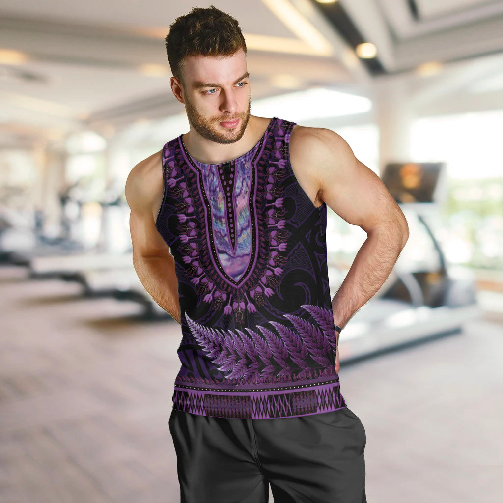 Purple African Dashiki With Aotearoa Maori Men Tank Top Paua Shell Mix Silver Fern - Vibe Hoodie Shop