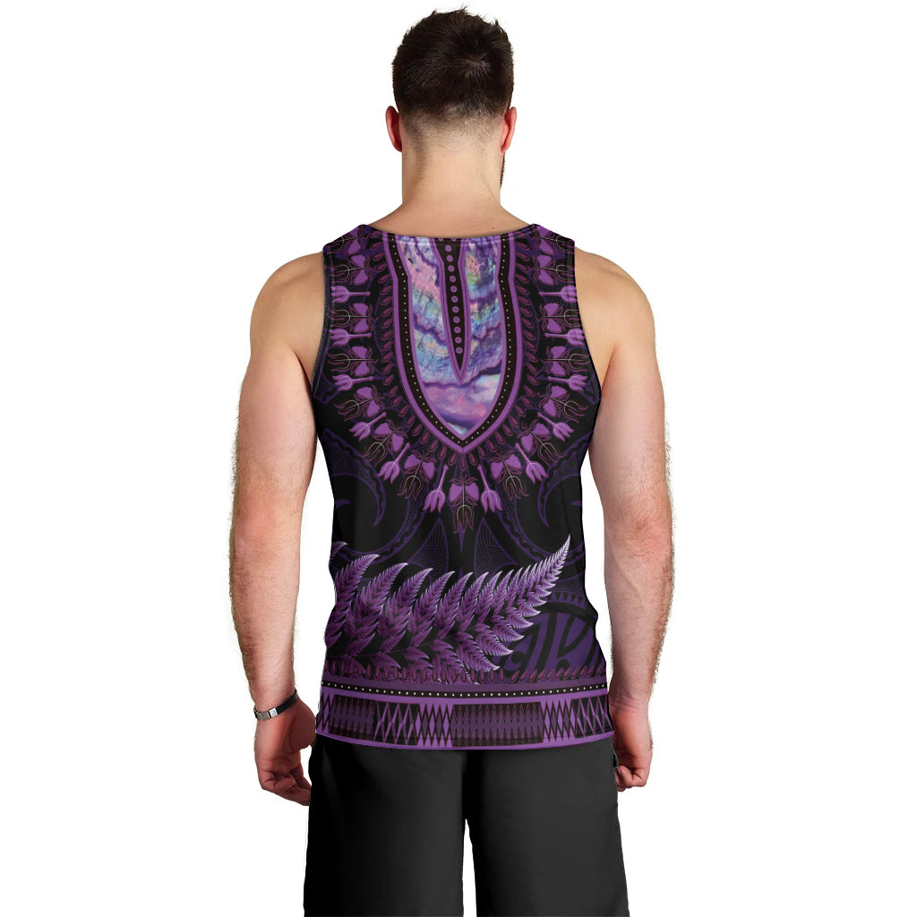 Purple African Dashiki With Aotearoa Maori Men Tank Top Paua Shell Mix Silver Fern - Vibe Hoodie Shop