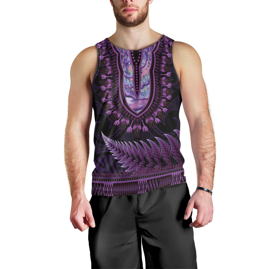 Purple African Dashiki With Aotearoa Maori Men Tank Top Paua Shell Mix Silver Fern - Vibe Hoodie Shop