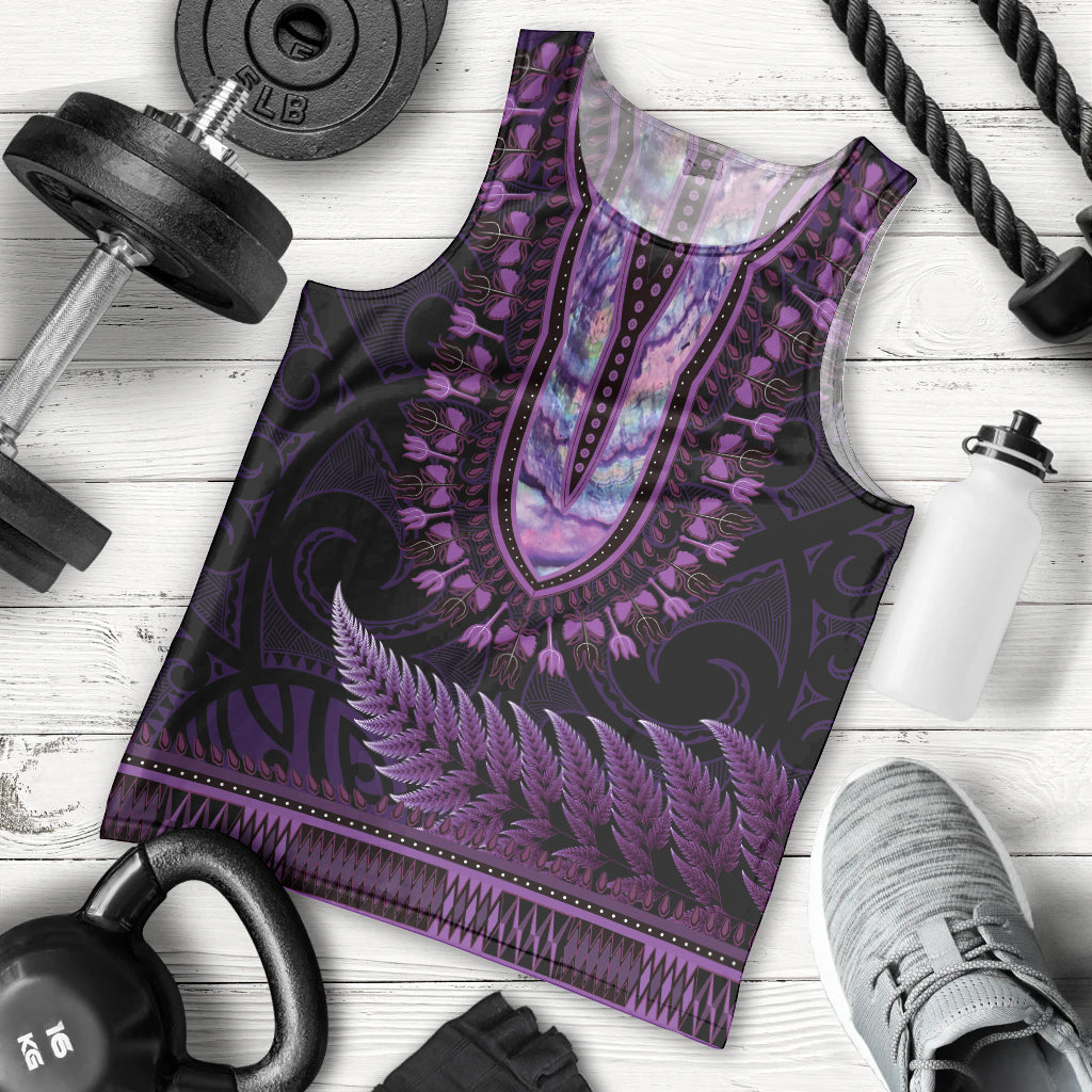 Purple African Dashiki With Aotearoa Maori Men Tank Top Paua Shell Mix Silver Fern - Vibe Hoodie Shop