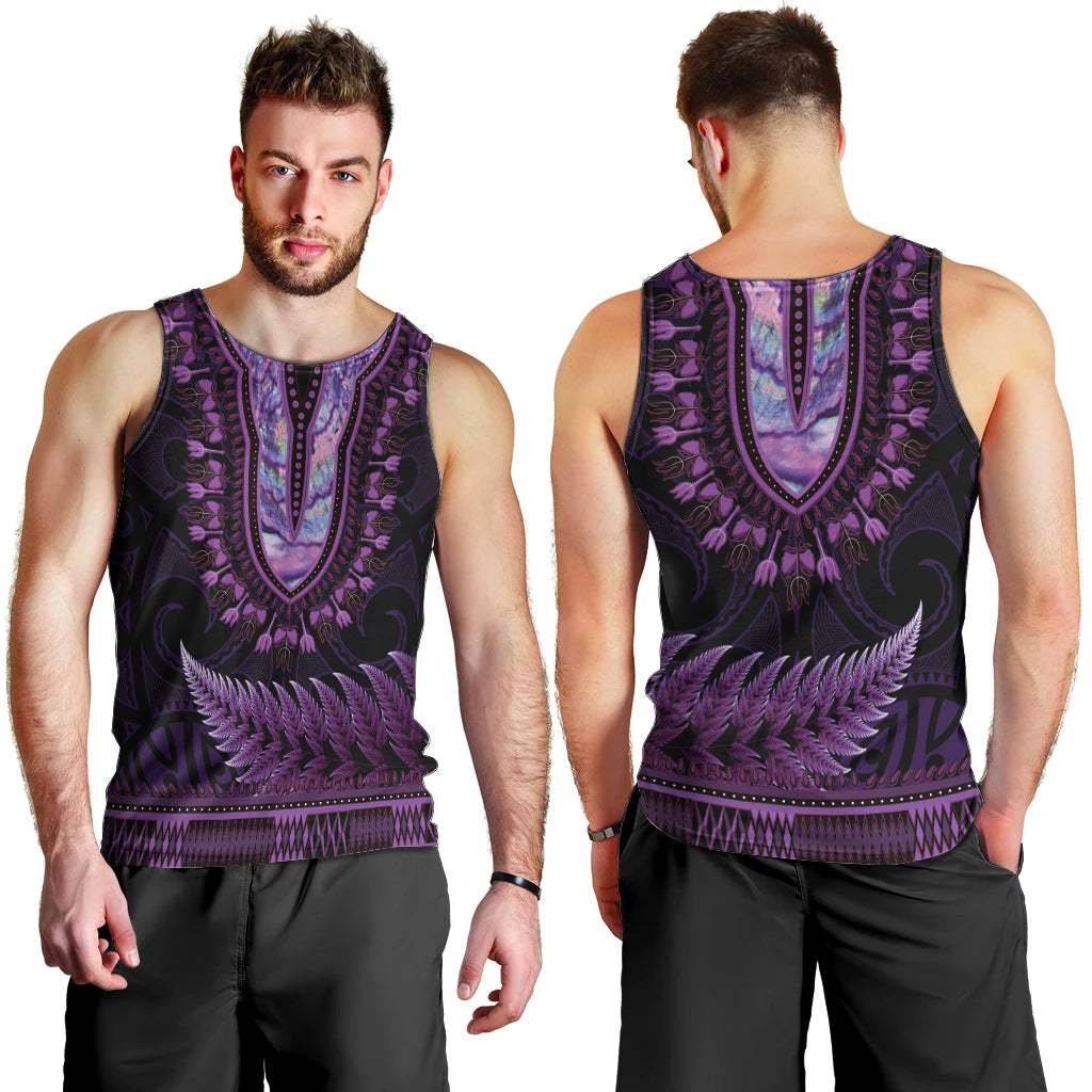 Purple African Dashiki With Aotearoa Maori Men Tank Top Paua Shell Mix Silver Fern - Vibe Hoodie Shop