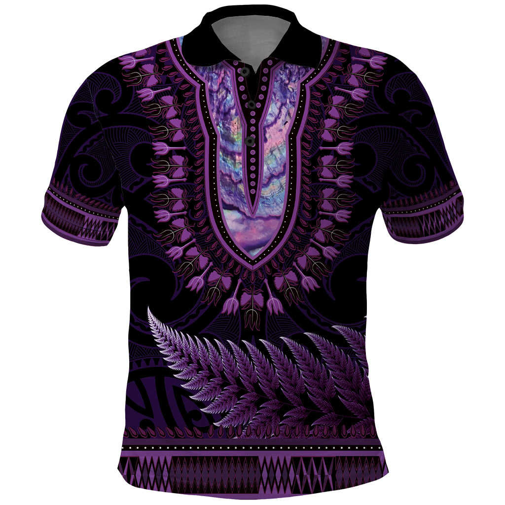 Purple African Dashiki With Aotearoa Maori Polo Shirt Paua Shell Mix Silver Fern - Vibe Hoodie Shop