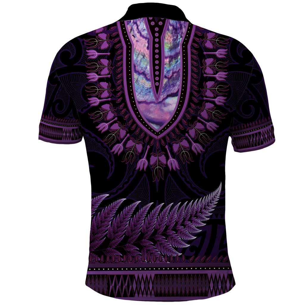 Purple African Dashiki With Aotearoa Maori Polo Shirt Paua Shell Mix Silver Fern - Vibe Hoodie Shop