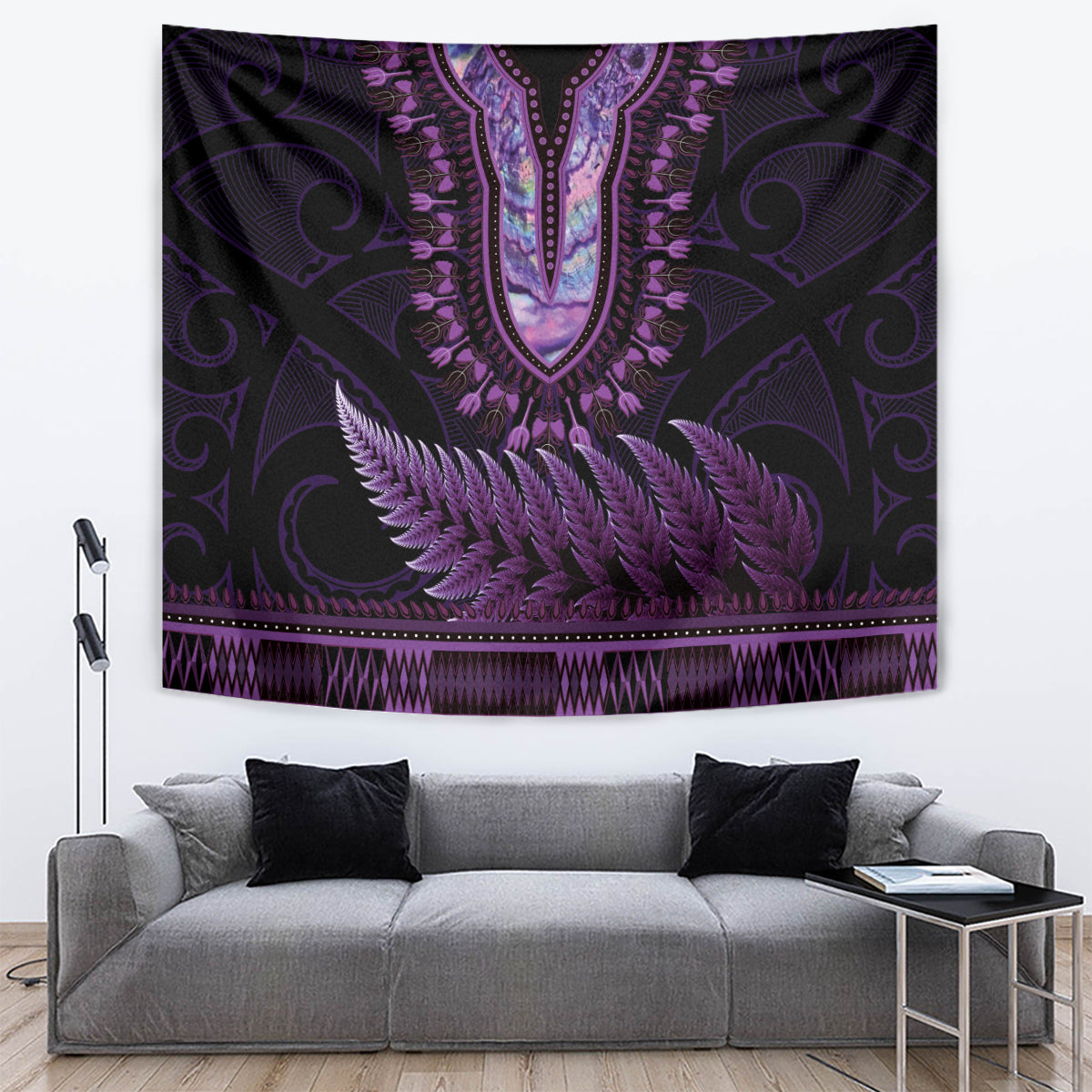 Purple African Dashiki With Aotearoa Maori Tapestry Paua Shell Mix Silver Fern - Vibe Hoodie Shop