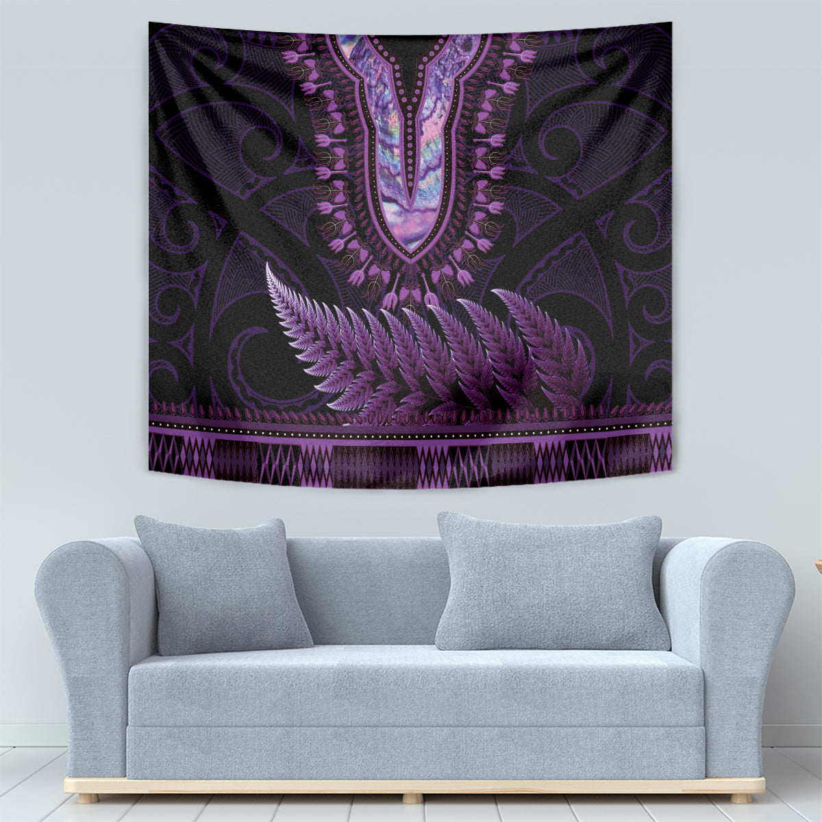 Purple African Dashiki With Aotearoa Maori Tapestry Paua Shell Mix Silver Fern - Vibe Hoodie Shop