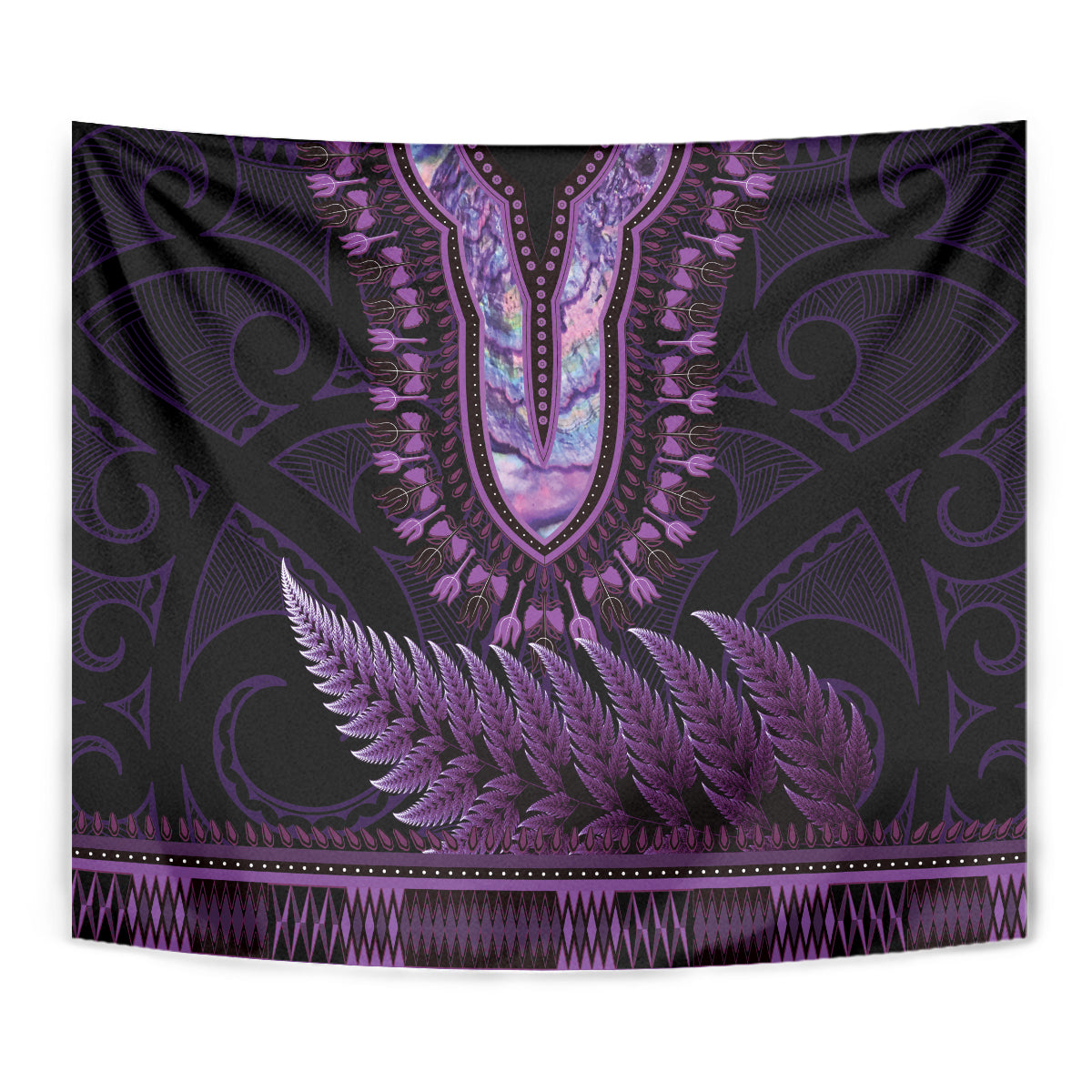 Purple African Dashiki With Aotearoa Maori Tapestry Paua Shell Mix Silver Fern - Vibe Hoodie Shop