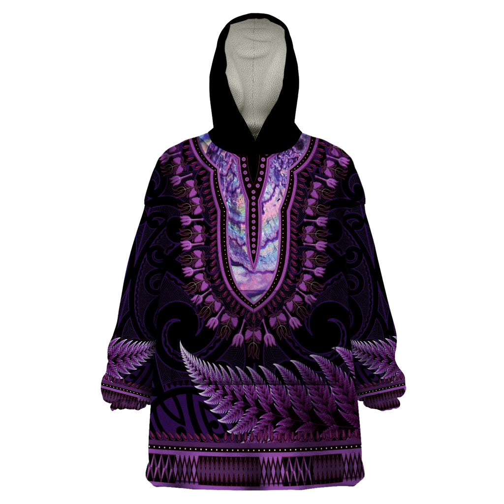 Purple African Dashiki With Aotearoa Maori Wearable Blanket Hoodie Paua Shell Mix Silver Fern - Vibe Hoodie Shop