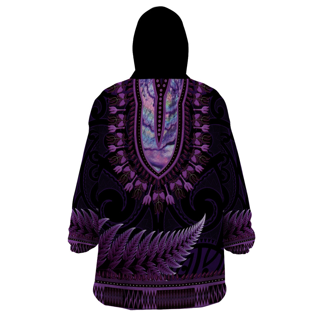 Purple African Dashiki With Aotearoa Maori Wearable Blanket Hoodie Paua Shell Mix Silver Fern - Vibe Hoodie Shop