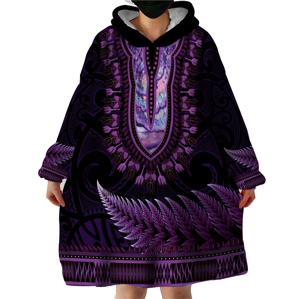 Purple African Dashiki With Aotearoa Maori Wearable Blanket Hoodie Paua Shell Mix Silver Fern - Vibe Hoodie Shop