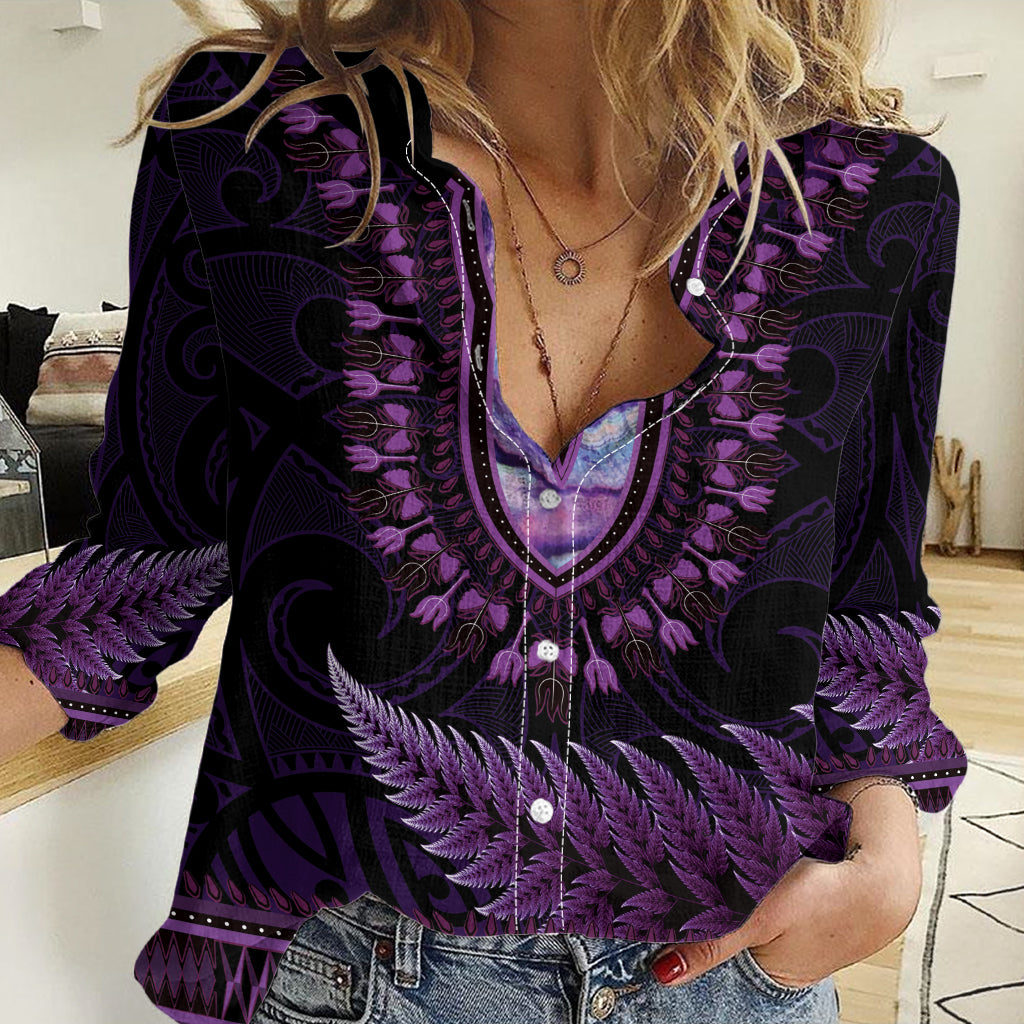 Purple African Dashiki With Aotearoa Maori Women Casual Shirt Paua Shell Mix Silver Fern - Vibe Hoodie Shop