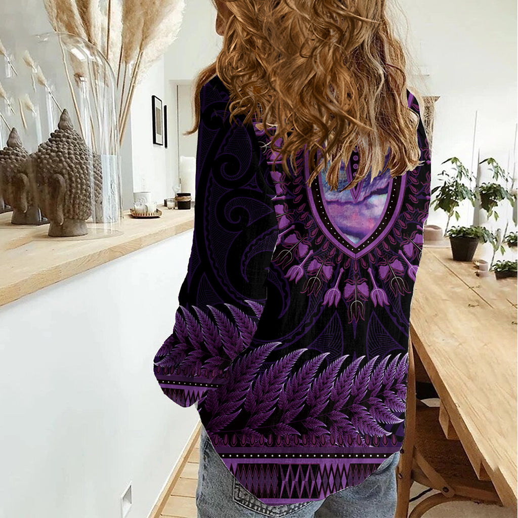Purple African Dashiki With Aotearoa Maori Women Casual Shirt Paua Shell Mix Silver Fern - Vibe Hoodie Shop