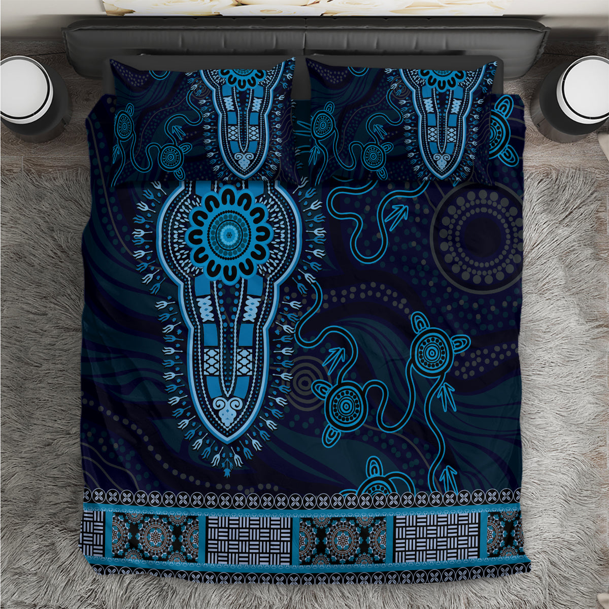 Blue African Dashiki With Australia Aboriginal Art Bedding Set - Vibe Hoodie Shop