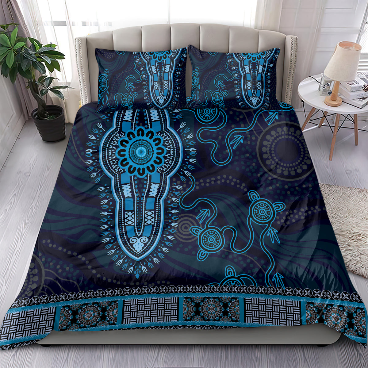 Blue African Dashiki With Australia Aboriginal Art Bedding Set - Vibe Hoodie Shop