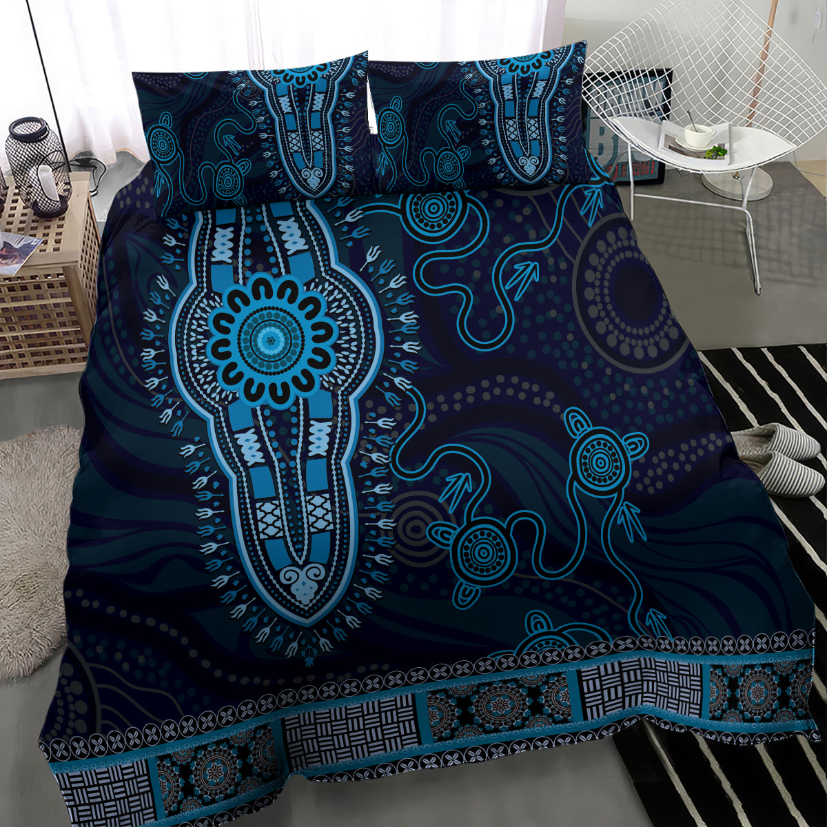 Blue African Dashiki With Australia Aboriginal Art Bedding Set - Vibe Hoodie Shop