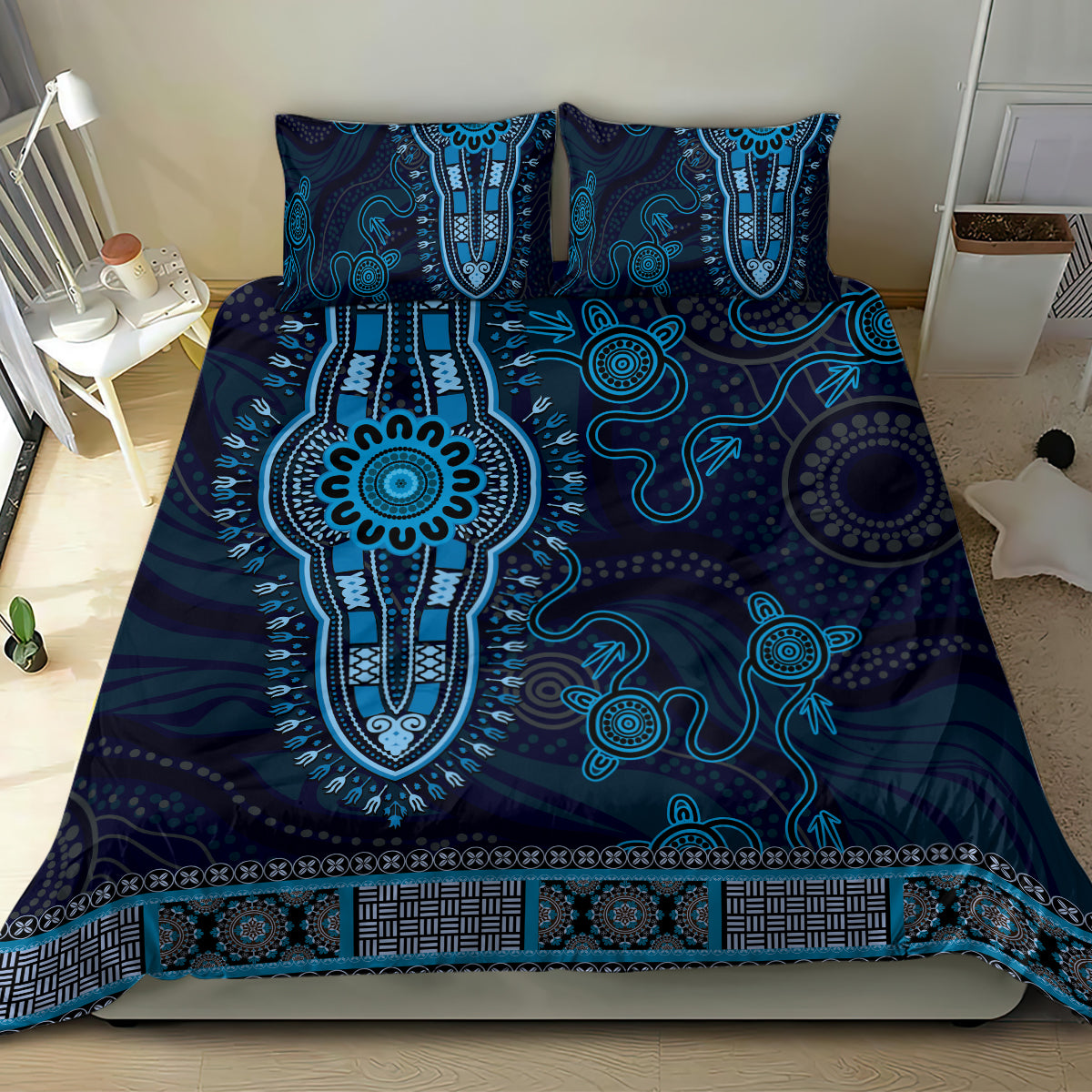 Blue African Dashiki With Australia Aboriginal Art Bedding Set - Vibe Hoodie Shop