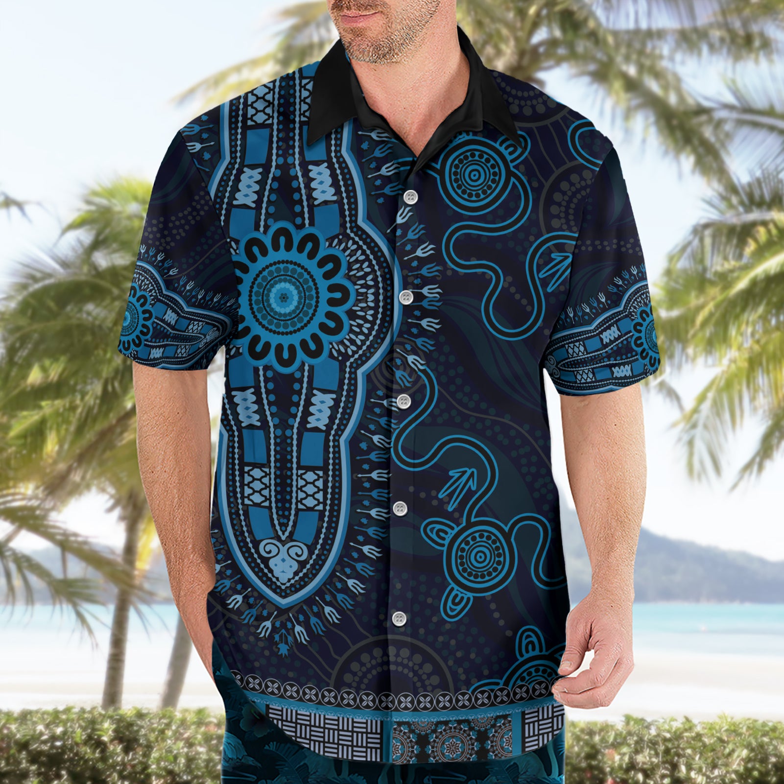 Blue African Dashiki With Australia Aboriginal Art Hawaiian Shirt - Vibe Hoodie Shop