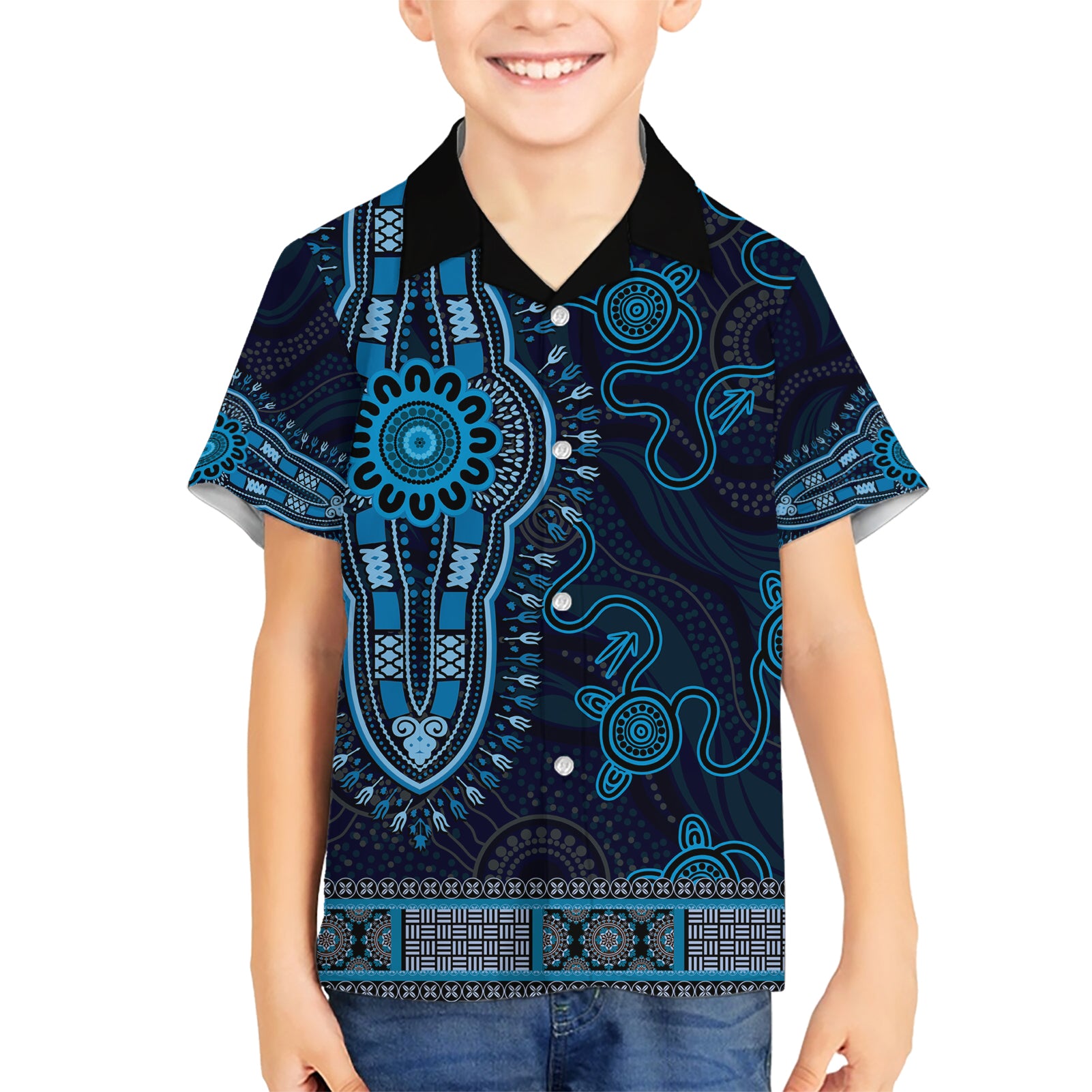 Blue African Dashiki With Australia Aboriginal Art Hawaiian Shirt - Vibe Hoodie Shop