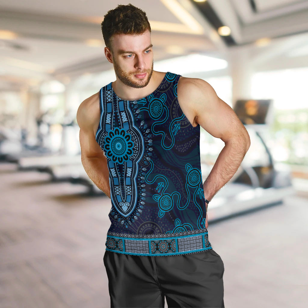 Blue African Dashiki With Australia Aboriginal Art Men Tank Top - Vibe Hoodie Shop