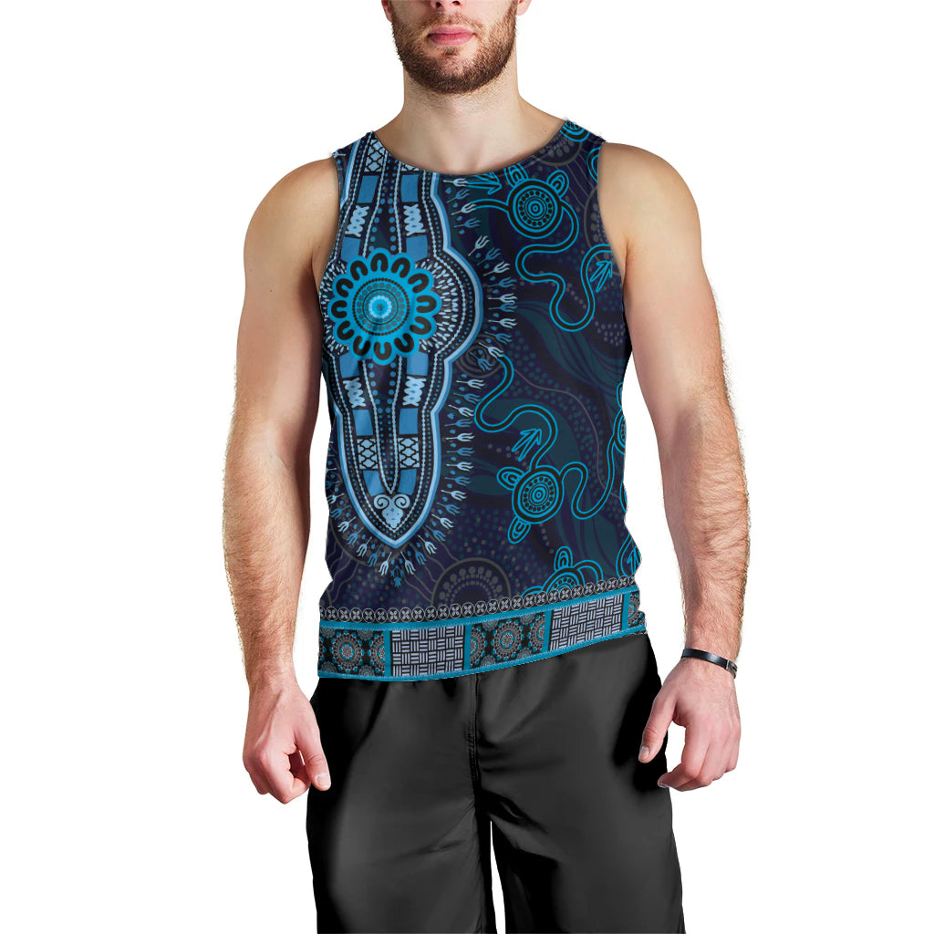 Blue African Dashiki With Australia Aboriginal Art Men Tank Top - Vibe Hoodie Shop
