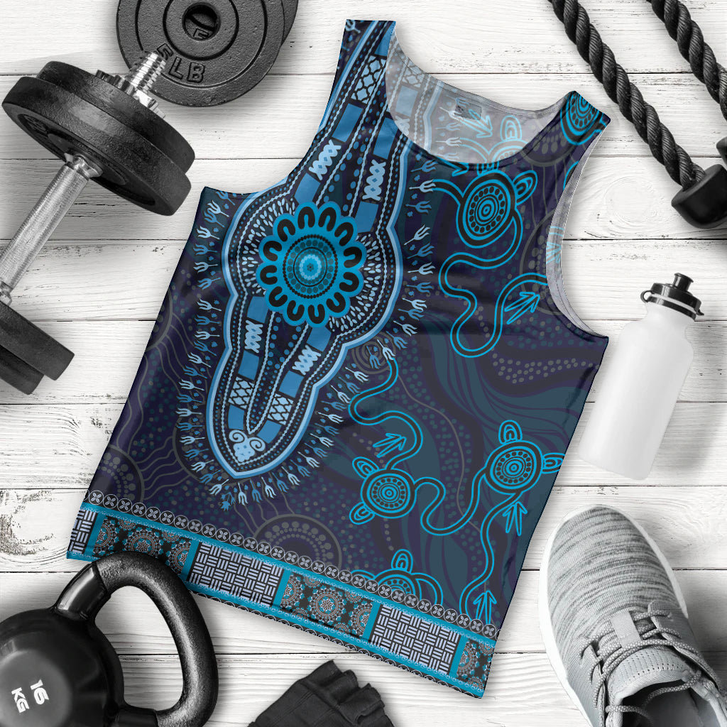 Blue African Dashiki With Australia Aboriginal Art Men Tank Top - Vibe Hoodie Shop